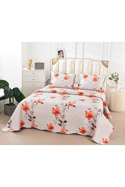 trendyhome Double Bedspread, 3 Pieces, Flowers, Cream/Orange, P 23781