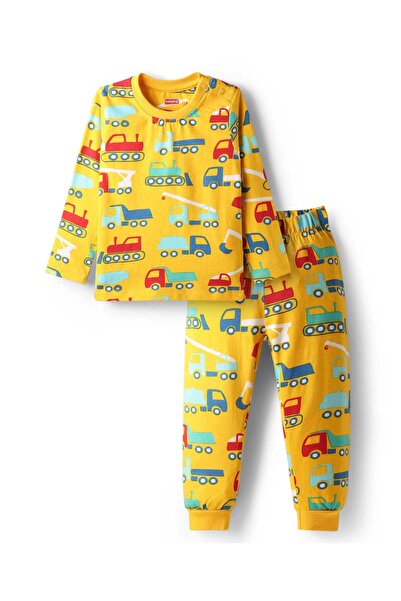 Babyhug Cotton Knit Full Sleeves Co-Ord Night Suit with Vehicle Print - Light Orange