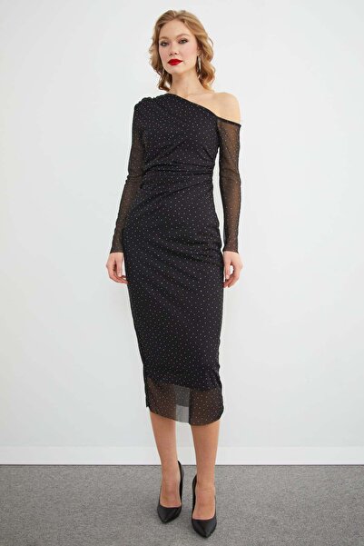 Fulla Moda Stone Detailed Draped Lined Tulle Dress