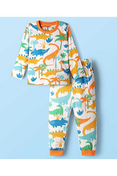 Babyhug Cotton Knit Full Sleeves Co-Ord Night Suit with Dino Print - White