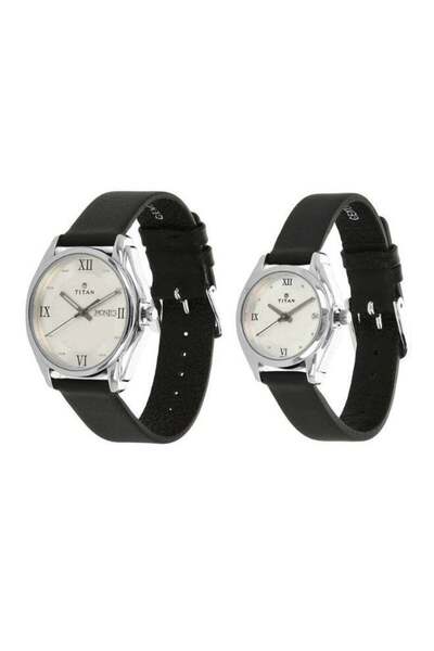 Titan Couple's Elegant Analog Watch 15782489SL03 – Silver Dial, Leather Strap