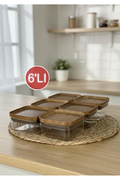 Okyanus Home 6 Pcs Practical Food Storage Jar with Wooden Lid Square No:1 (250 ml)