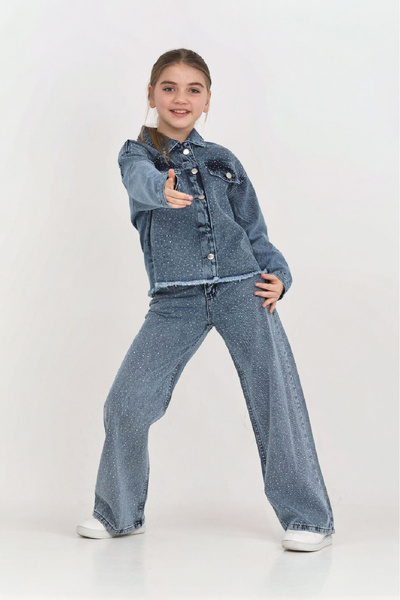 MODANINO Детски комплект дънки с камъни (яке + панталони) 12452