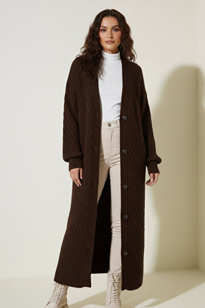 benguen Knitted Patterned Long Knitwear Cardigan R4201 Brown