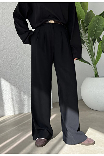 MODA AKSA ULTRA YÜKSEK BEL DÖKÜMLÜ KREP PALAZZO SİYAHH