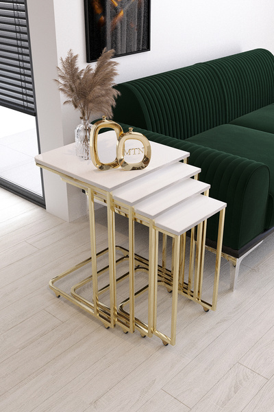 Nies Aksesuar ESLEM 4'LÜ KARE ZİGON TEKERLEKLİ GOLD KAPLAMA BEYAZ MDF MEBRAN