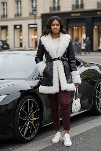 Hb Harma Time Butik سترة نسائية سوداء من الجلد مبطنة بالريش مع حزام