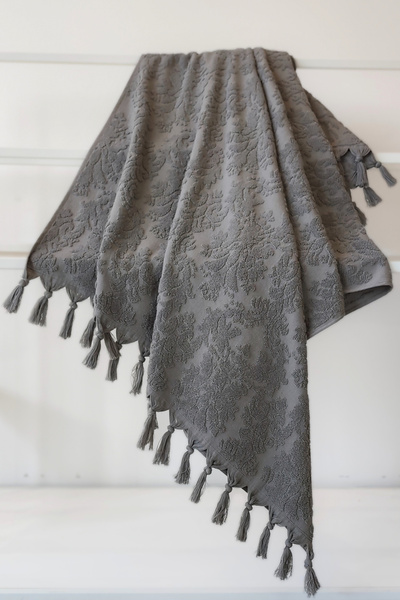 Sevim 100% Cotton Jacquard Bath Towel - Embossed Damask Pattern - 90X150 cm - Anthracite