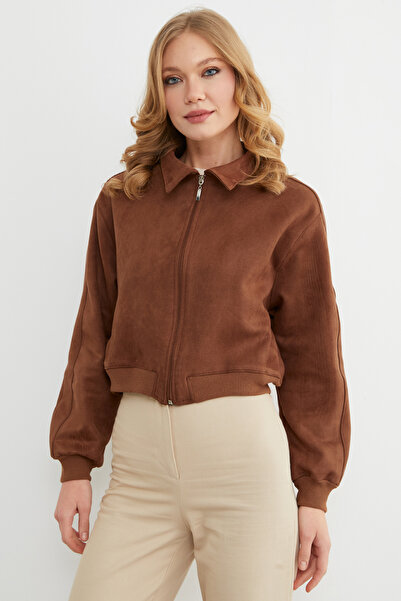 Fulla Moda Zippered Polo Neck Suede Bomber Jacket
