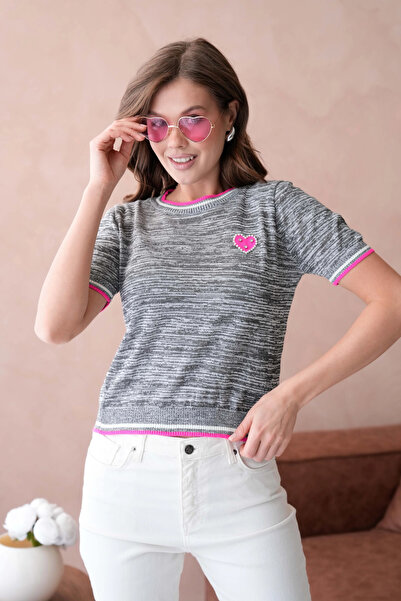 Park Karon Women's Crew Neck Short Sleeve Stone Embroidered Knitwear Sweater 12040