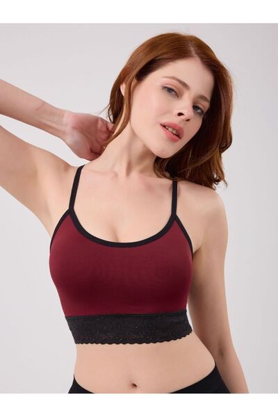 MİSTİRİK Penitro Model Lace Detailed Stylish and Comfortable Bustier with Shaping / Sculpting Pads in Burgundy Color