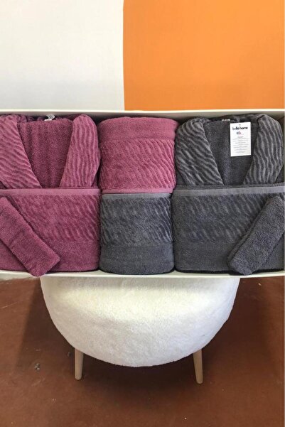 Çeyiz Diyarı Zebra 8 Piece Family Bathrobe Set Plum - Anthracite