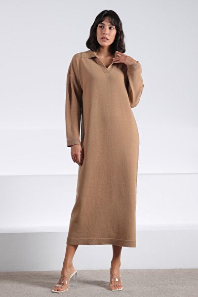 Ferraro Camel Long Sleeve Polo Neck Cashmere Women's Knitwear Dress