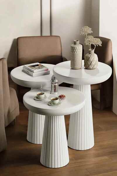 Simillo Home&Living Ahşap 3’lü Set Beyaz Renk Masif Doğal Zigon ve Fiskos Takımı