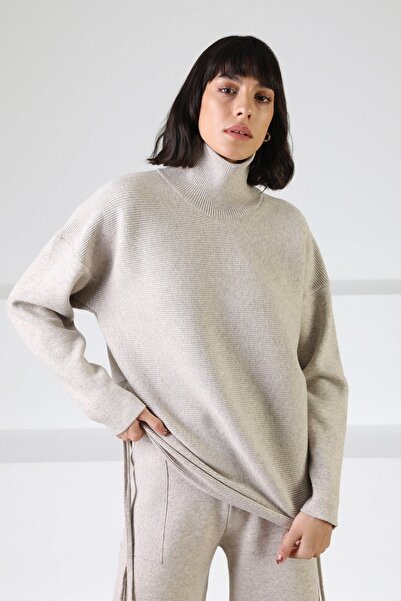 Ferraro A.Beige Long Sleeve Turtleneck Cashmere Women's Knit Sweater with String Detail on the Sides