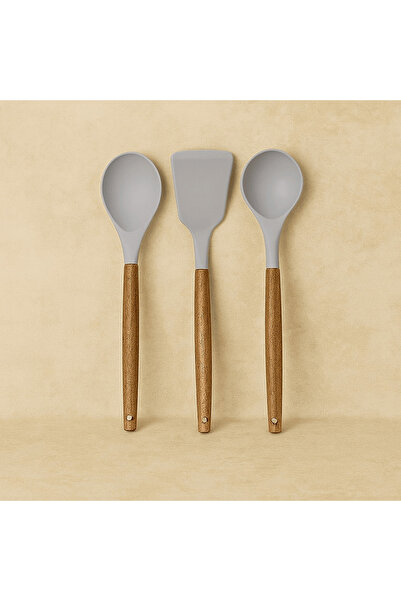 Evanev Leon Akasya Ağacı Tutmalı Silikon Kepçe Seti 3 Parça Açık Gri