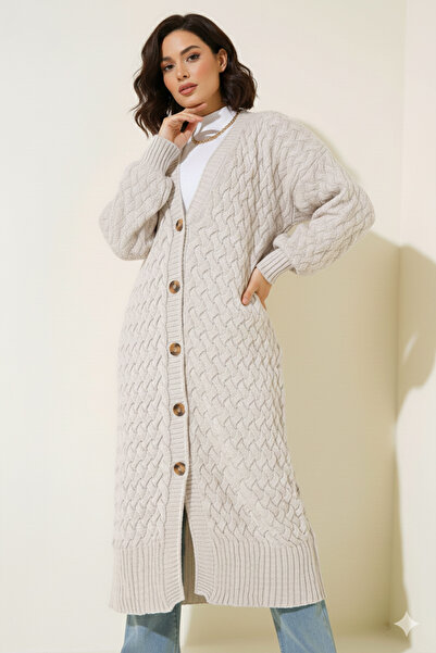 benguen Knitted Patterned Long Knitwear Cardigan R4201 Stone Color