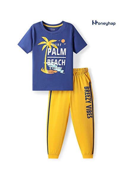 Honeyhap بيجامة نوم قطنية فاخرة محبوكة بنصف كم، بلمسة نهائية حيوية، بنقشة مست...