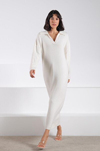 Ferraro Ecru Long Sleeve Polo Neck Cashmere Women's Knitwear Dress