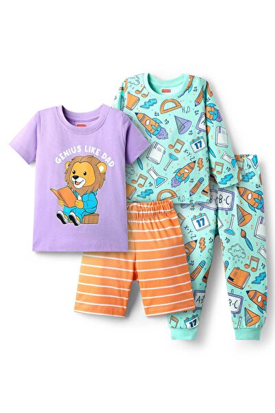 Babyhug Cotton Knit Half Sleeve Short Lion Print & Full Sleeve Pyjama Set Rocket Print-Multi Color