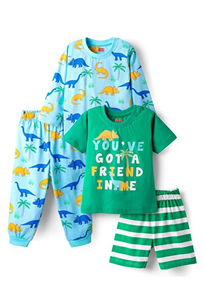 Babyhug Cotton Knit Full & Half Sleeves Night Suits With Dino Print & Stripes - Blue & Green
