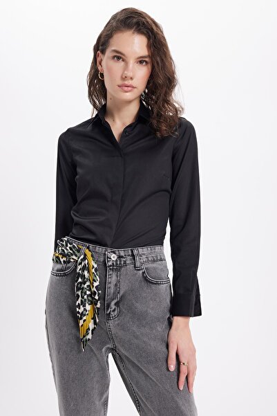 Tudors Women's Slim Fit Non-Iron Cotton Body-Fitting No-Ironing Required Black Shirt with Grippers