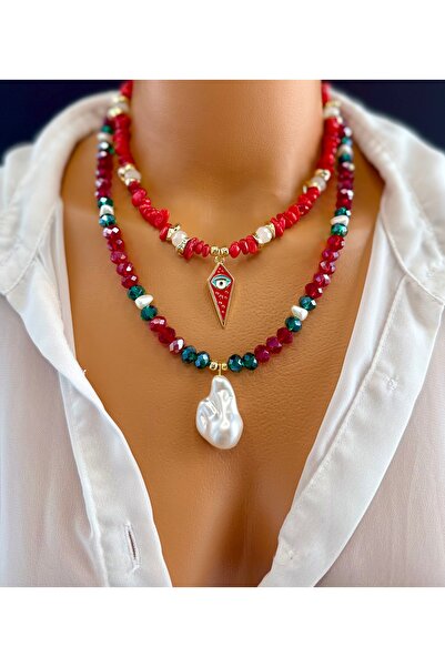 Limi Design Red Natural Stone Necklace, Multiple Necklaces, New Year Necklace...