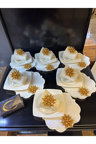 ARS HOME DEKOR Taşlı 6 Kişilik Porselen Fincan Takımı ve 6'lı Taşlı Kokteyl P...