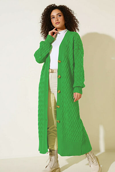 benguen Knitted Patterned Long Knitwear Cardigan R4201 Green