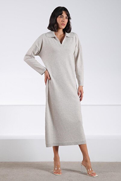 Ferraro A.Beige Long Sleeve Polo Neck Cashmere Women's Knitwear Dress