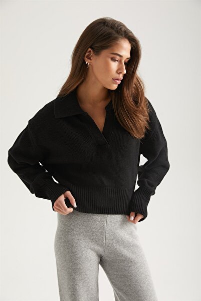 Ferraro Black Shirt Collar Long Sleeve Cashmere Women's Knitwear Sweater