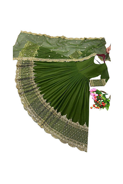 MYSMAR Green Faux Georgette Gown Set - PMM18510 | Green