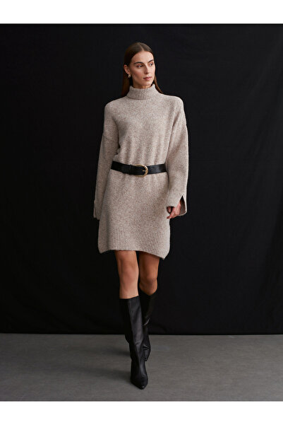 Dilvin 90265 Turtleneck Knitwear Dress-Mink M.