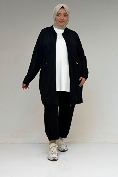 Eslina 47076 plus size half placket pant suit with elastic waist detail - black