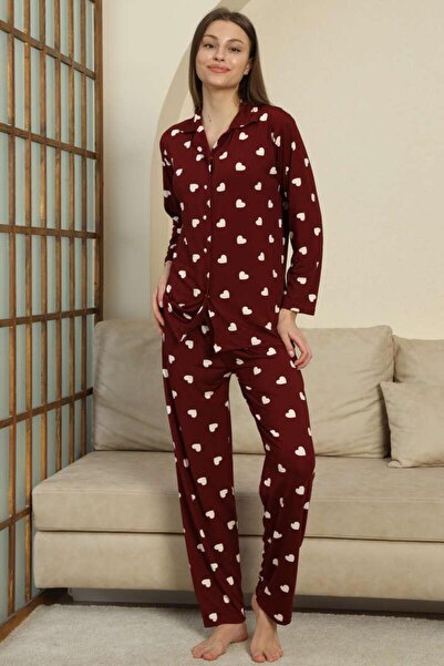 BUTİK SAKURA Bordo Heart Patterned Pajama Set