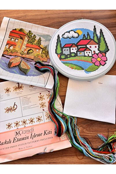 marifetli tığım Baskılı Etamin / Kanaviçe Hobi Kiti – Tam Set | Manzara Desenli