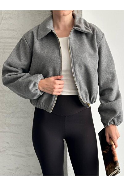 WYNA BOUTİQUE KADIN GOLD FERMUARLI CROP KAŞE CEKET