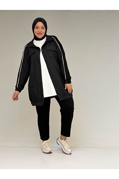 Eslina 53029 Büyük Beden Biye Detaylı Kombinli Modal-Kapitone Ceket - Siyah-Siyah