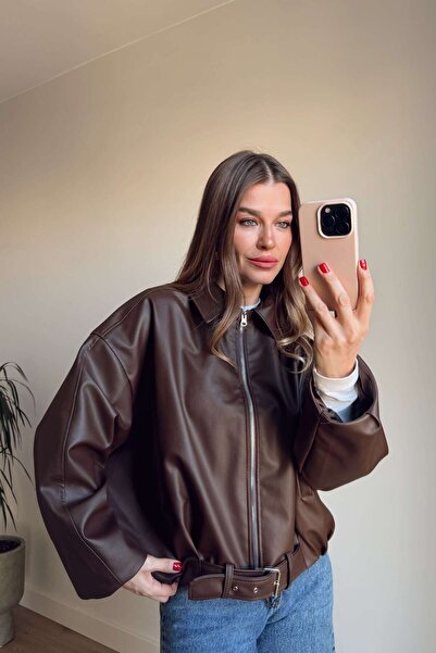 Sue Store Lined Oversized Bomber Leather Jacket with Brown Belt Detail