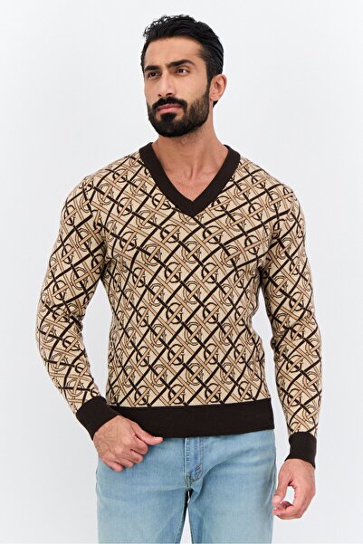 Gant Men V Neck All Over Printed Sweater, Brown/Beige