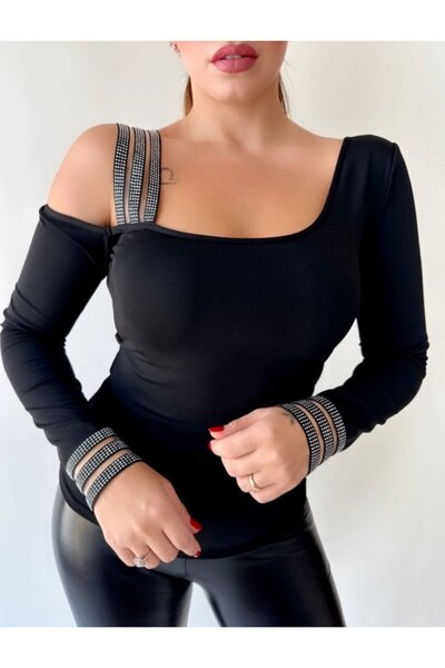 ALPACO Women's Off-Shoulder Blouse with Rhinestone Stripe Detail