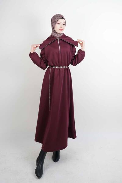 03KIZKULESITEKS فستان حجاب بياقة واسعة بسحاب وحزام خصر مطاطي من قماش السكوبا ...