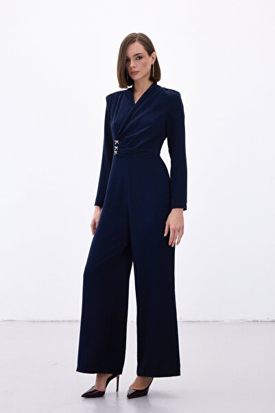 Sateen Crepe Jumpsuit with Bow Accessories - Navy Blue