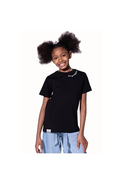 MODJEANS Tricou pentru copii, negru, 100% bumbac, broderie minimalistă, fete ...