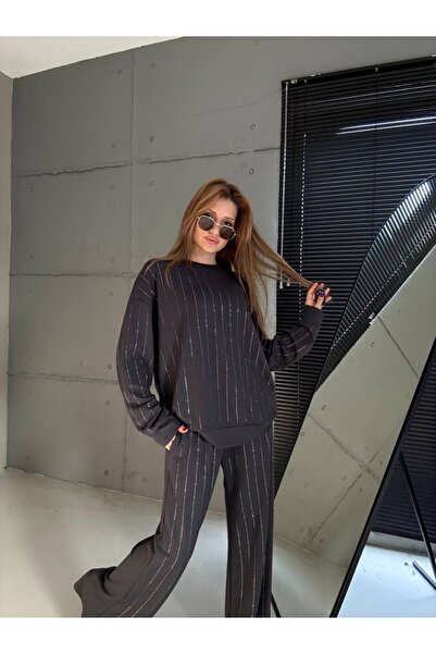 cemo Siyah İnce Çizgili Taş Detaylı Uzun Kollu Eşofman/Sweat Takımı