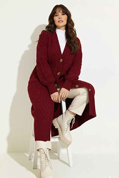 benguen Knitted Patterned Long Knitwear Cardigan R4201 Claret Red