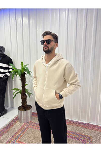 SNCWEAR Unisex Basic Fermuarlı Kapüşonlu Sweatshirt Bej / Krem Rengi