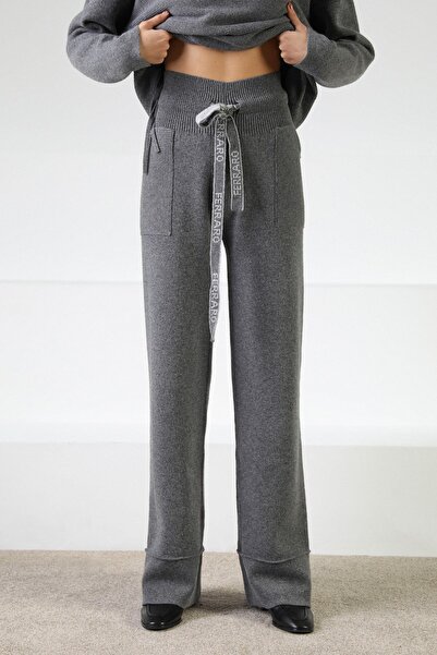 Ferraro Anthracite Belted Pocketed Cashmere Women's Knitwear Trousers