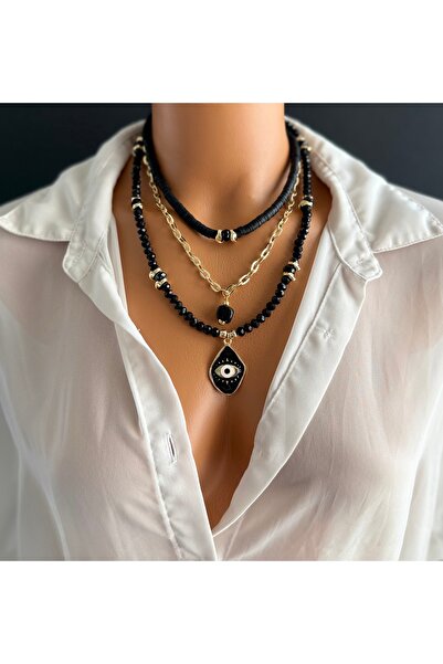 Limi Design Siyah çoklu kolye,zincir kolye,göz kolye (3 ayrı kolye)