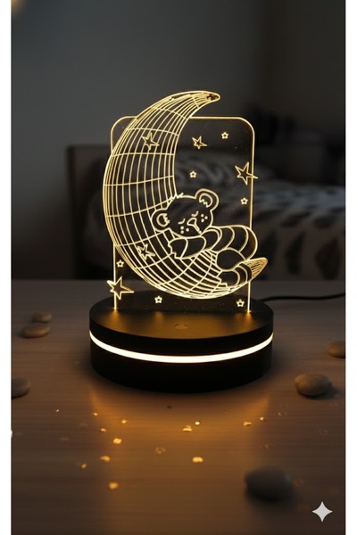Eymi Design LED Işıklı Ay Üzerinde Uyuyan Ayıcık Gece Lambası – Bebek ve Çocu...